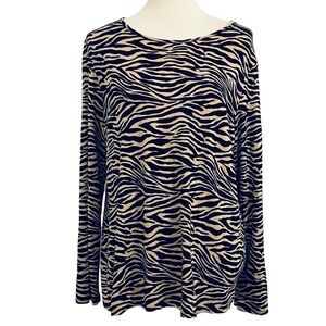 Chico's Black and Tan Karina Zebra Pullover Stretch Tee Long Sleeve Womens 2/L